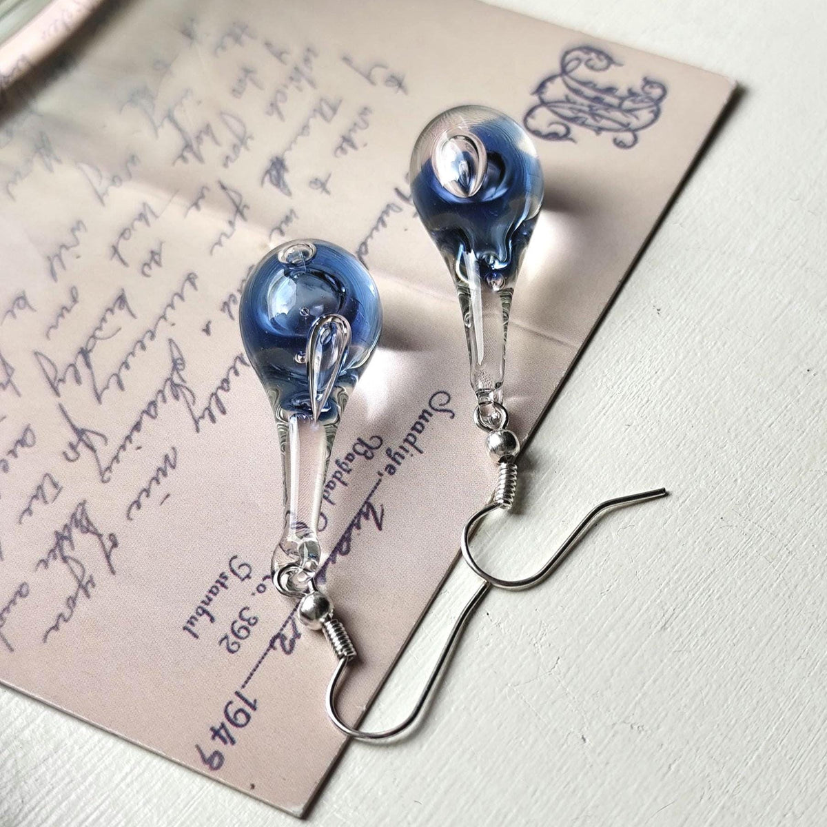 Handblown Blue Swirl Glass Teardrop Earrings