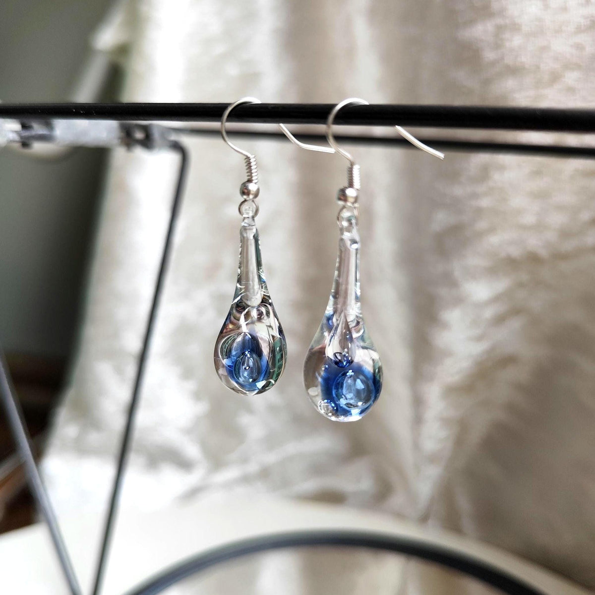 Handblown Blue Swirl Glass Teardrop Earrings