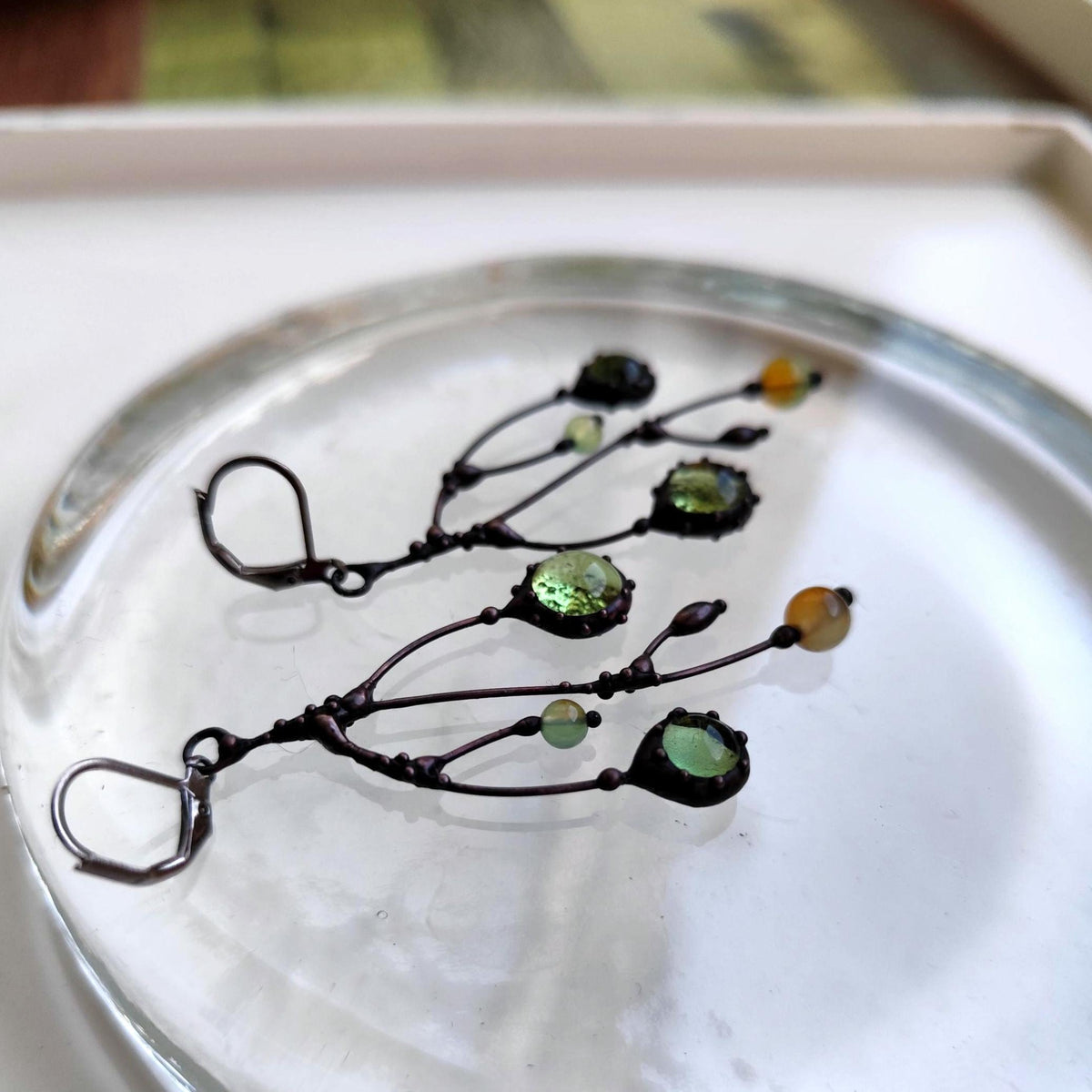 Clear Green Glass Branch Earrings – Blackened Copper