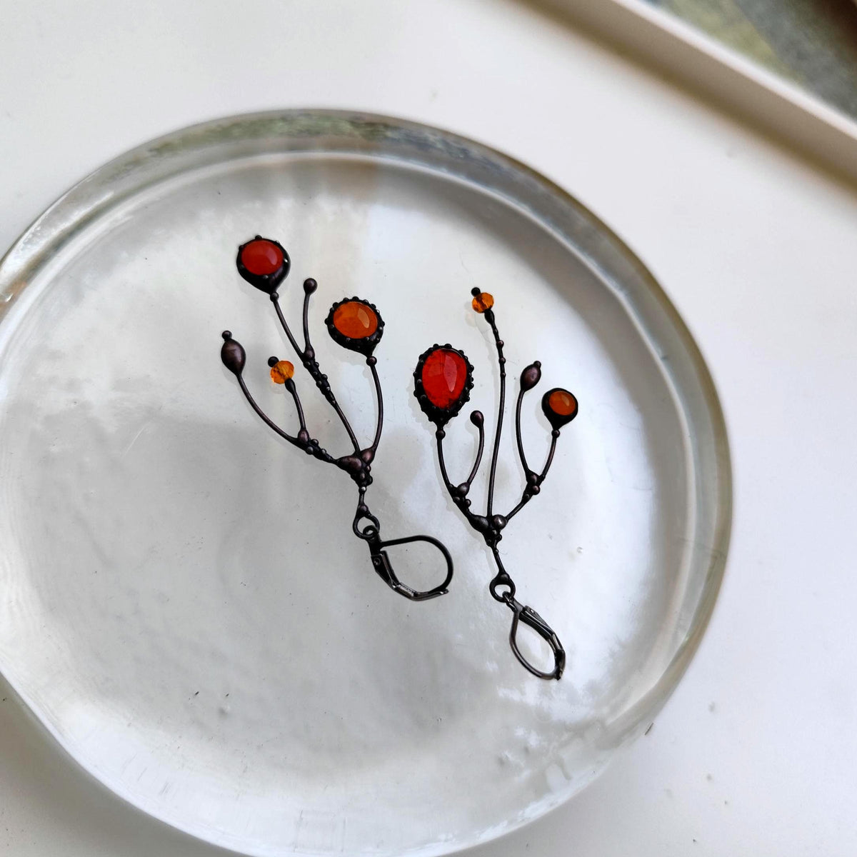 Orange Glass Asymmetrical Branch Earrings – Blackened Copper