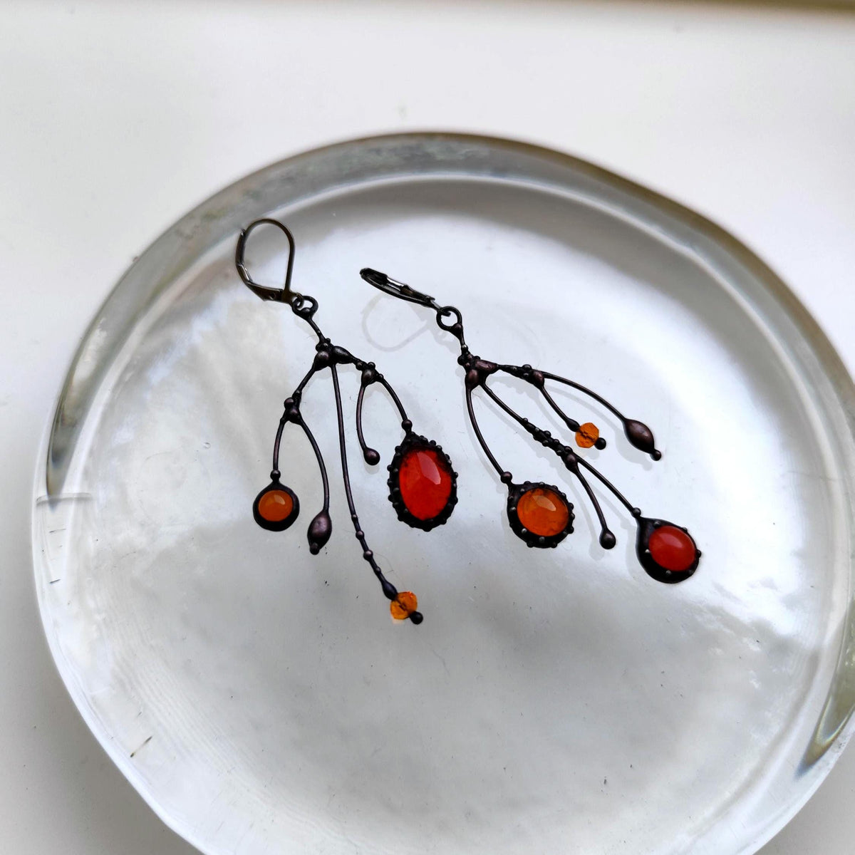 Orange Glass Asymmetrical Branch Earrings – Blackened Copper