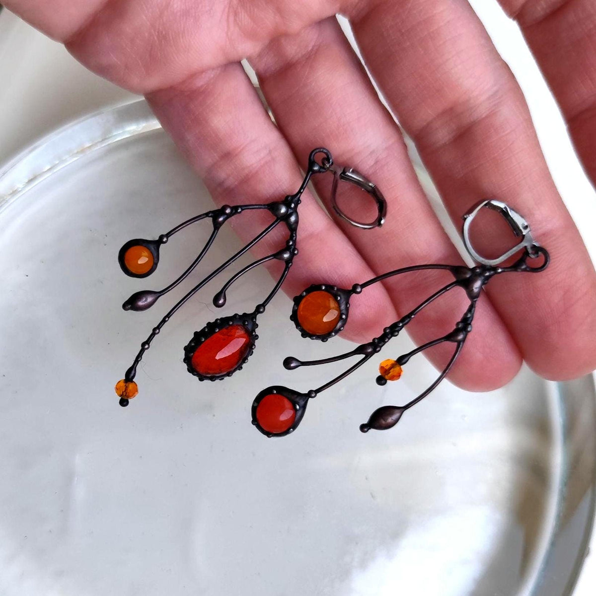 Orange Glass Asymmetrical Branch Earrings – Blackened Copper