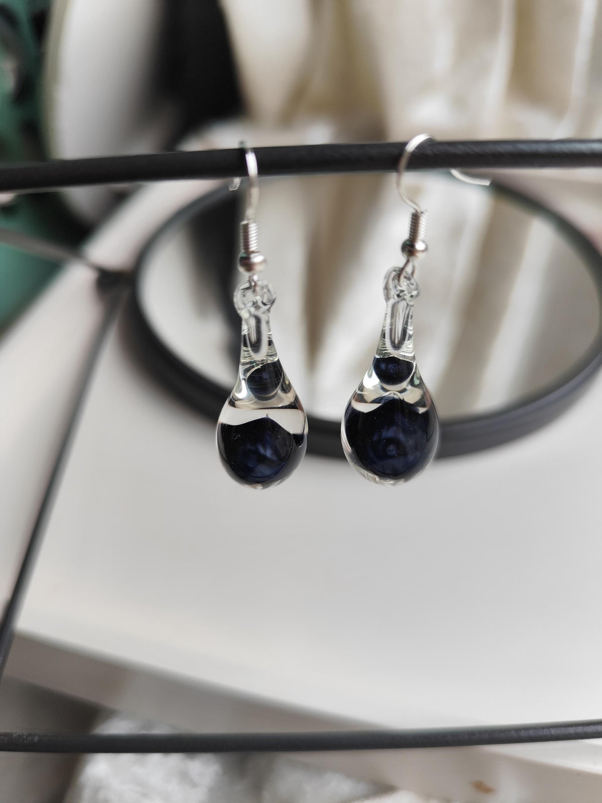 Handblown Black and Clear Glass Teardrop Earrings