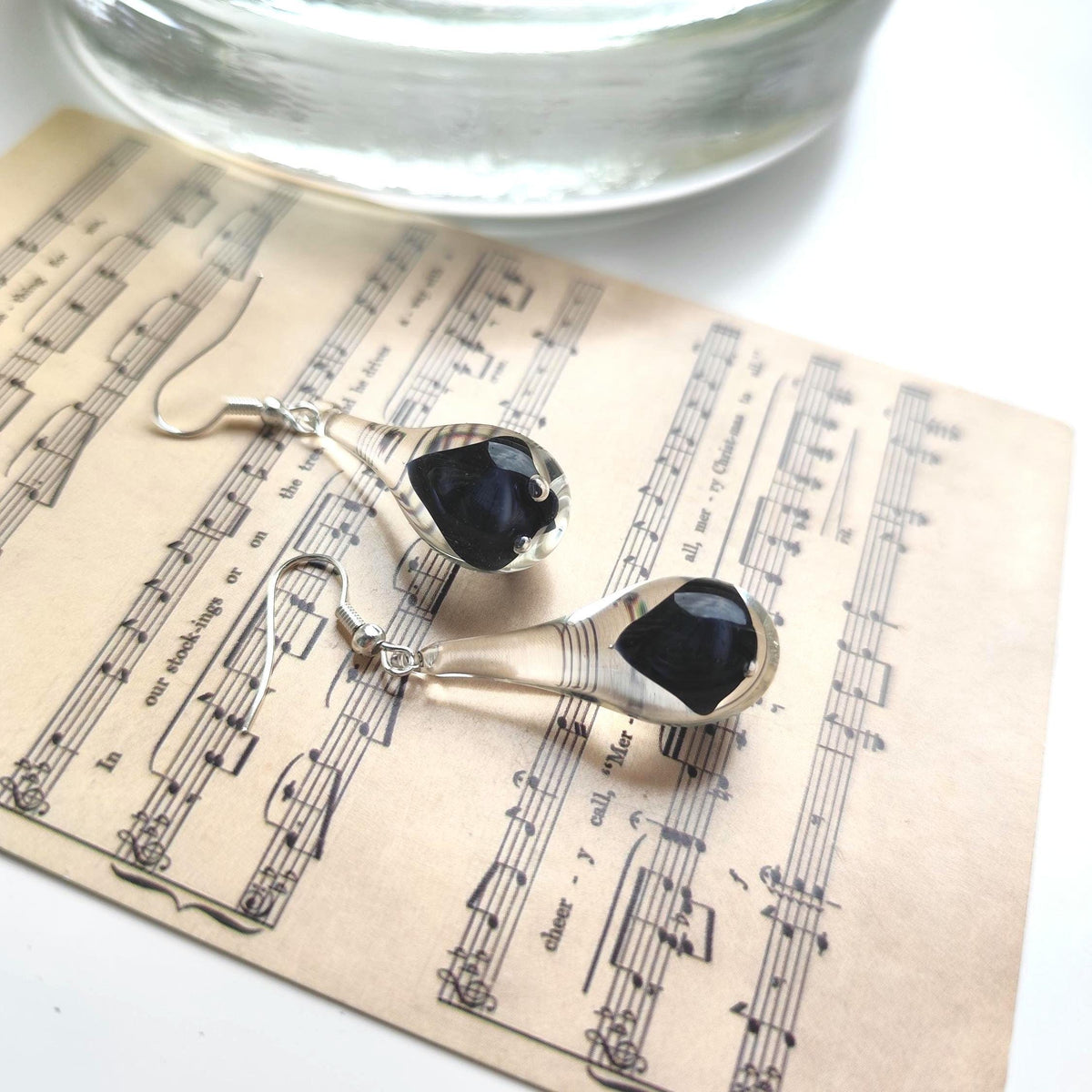 Handblown Black and Clear Glass Teardrop Earrings