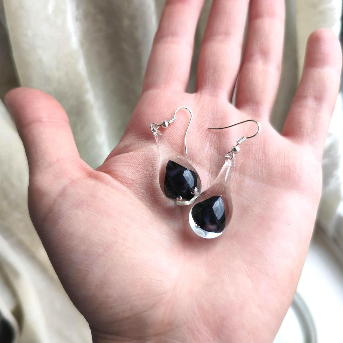 Handblown Black and Clear Glass Teardrop Earrings
