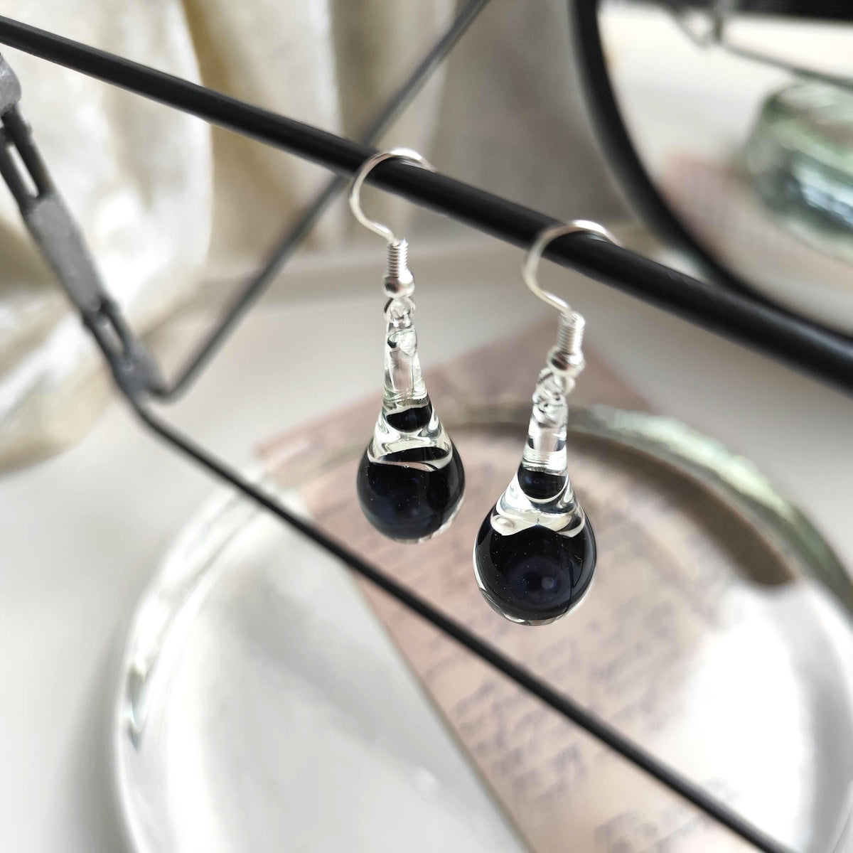 Handblown Black and Clear Glass Teardrop Earrings