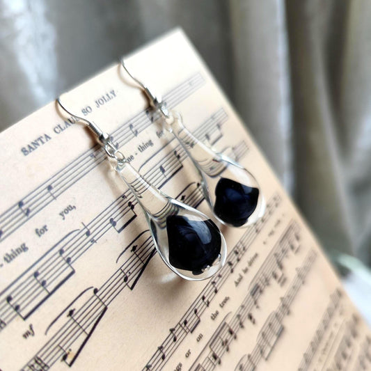 Handblown Black and Clear Glass Teardrop Earrings