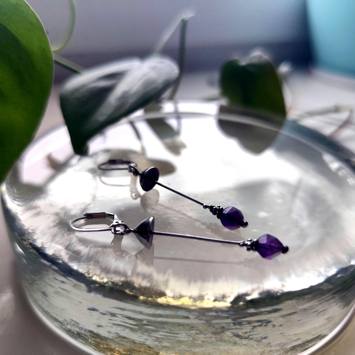 Amethyst Mushroom Earrings – Silver Tone