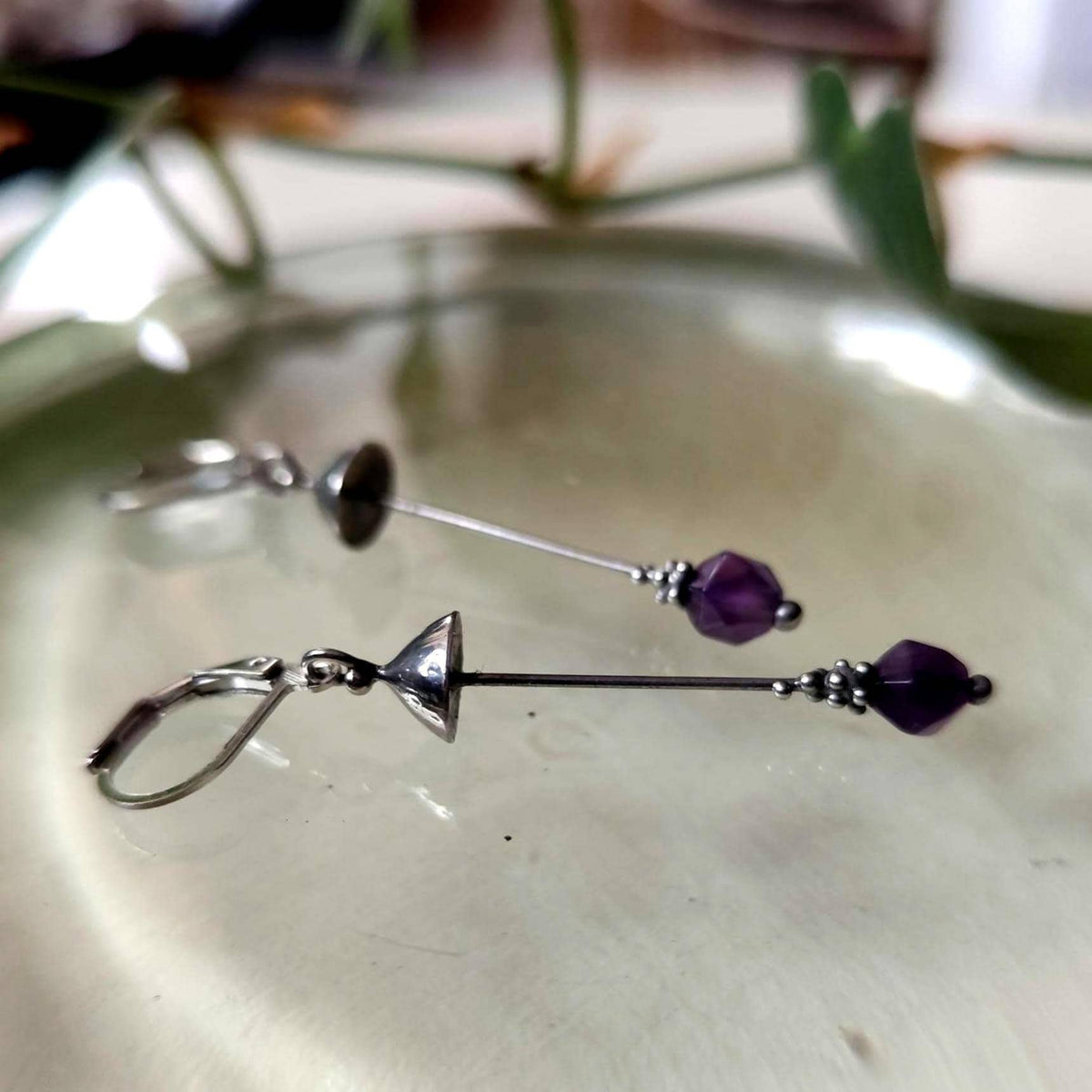 Amethyst Mushroom Earrings – Silver Tone