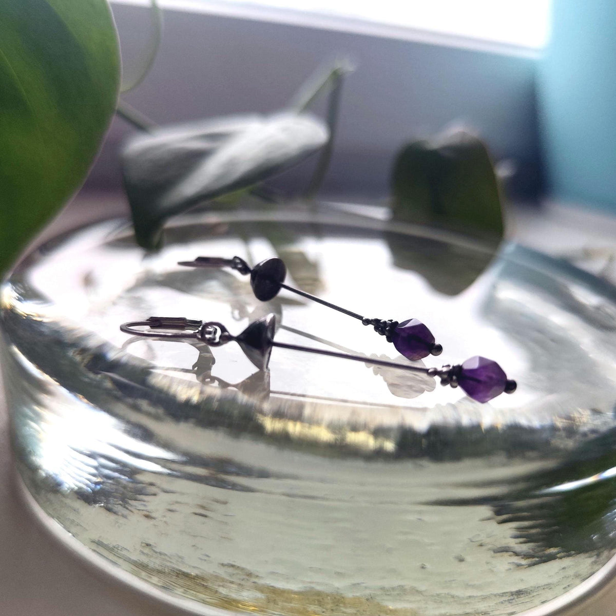 Amethyst Mushroom Earrings – Silver Tone