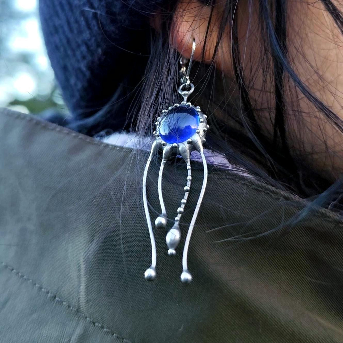 Blue Glass Jellyfish Earrings – Silver Tone