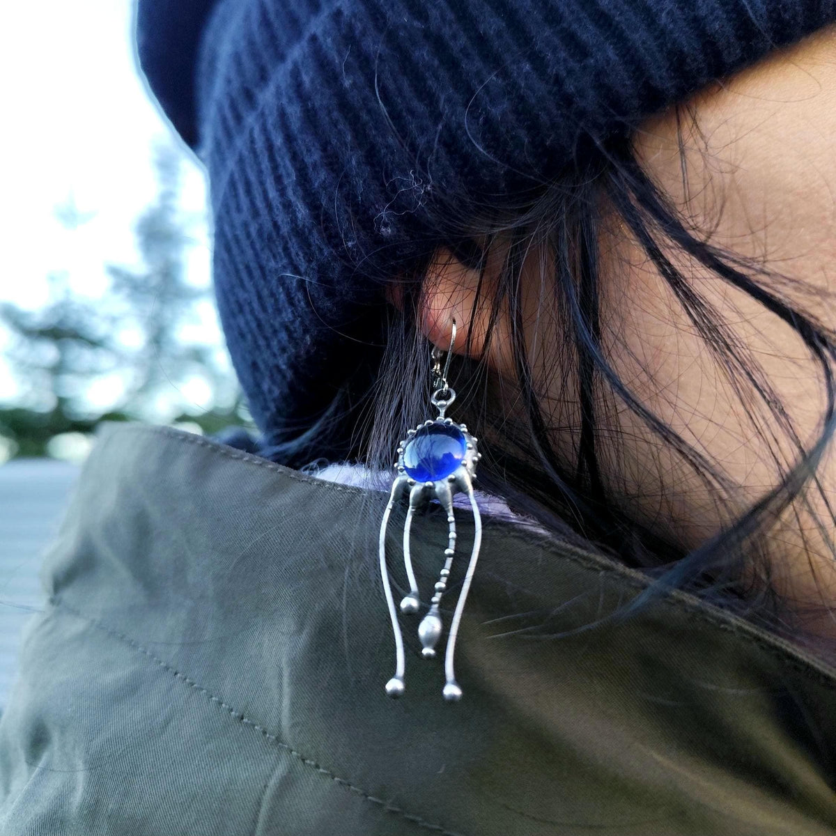 Blue Glass Jellyfish Earrings – Silver Tone