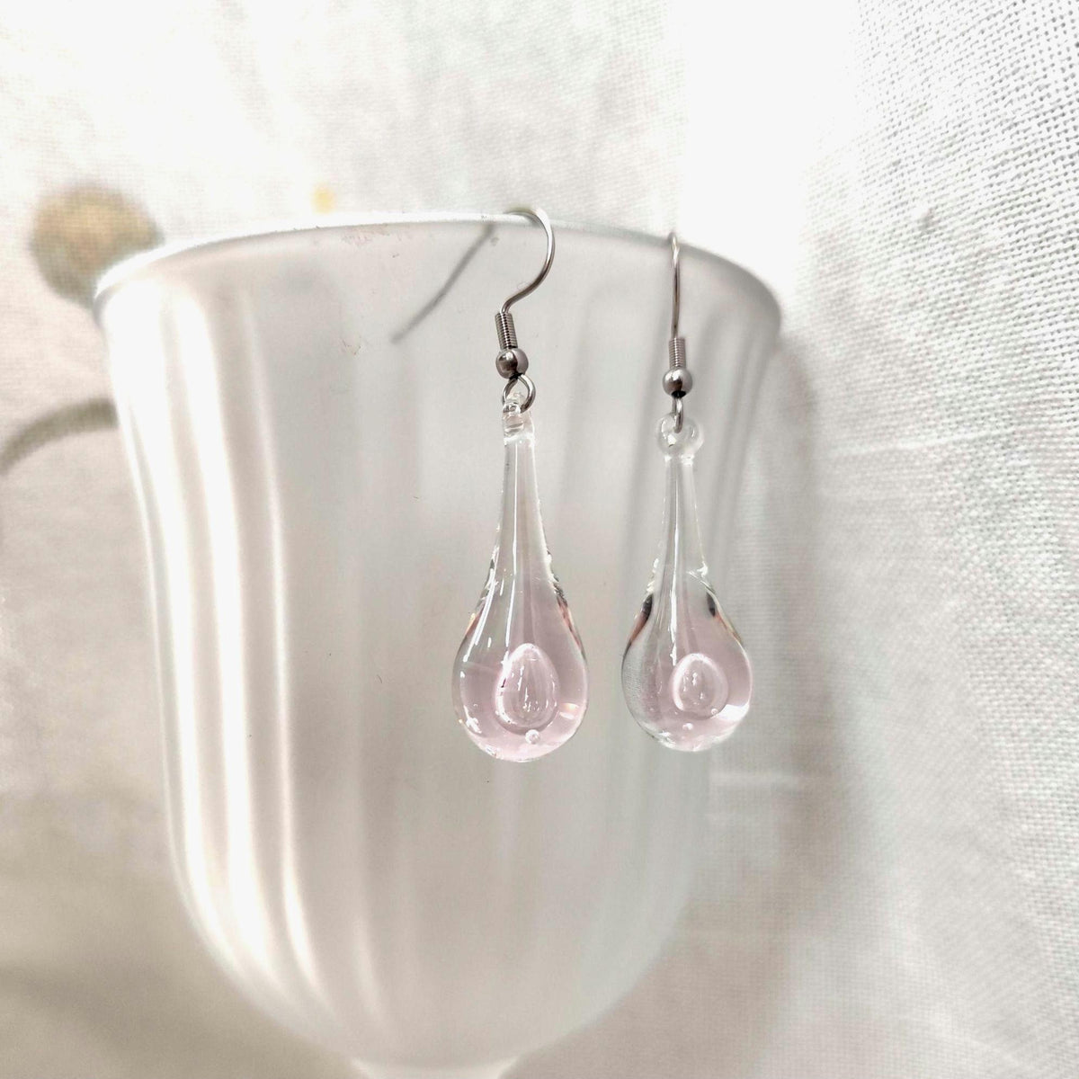 Handblown Clear and Pink Glass Teardrop Earrings