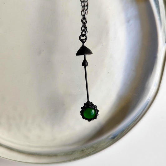 Green Glass Mushroom Necklace – Blackened Copper Long Stem Pendant – Minimalist Forest