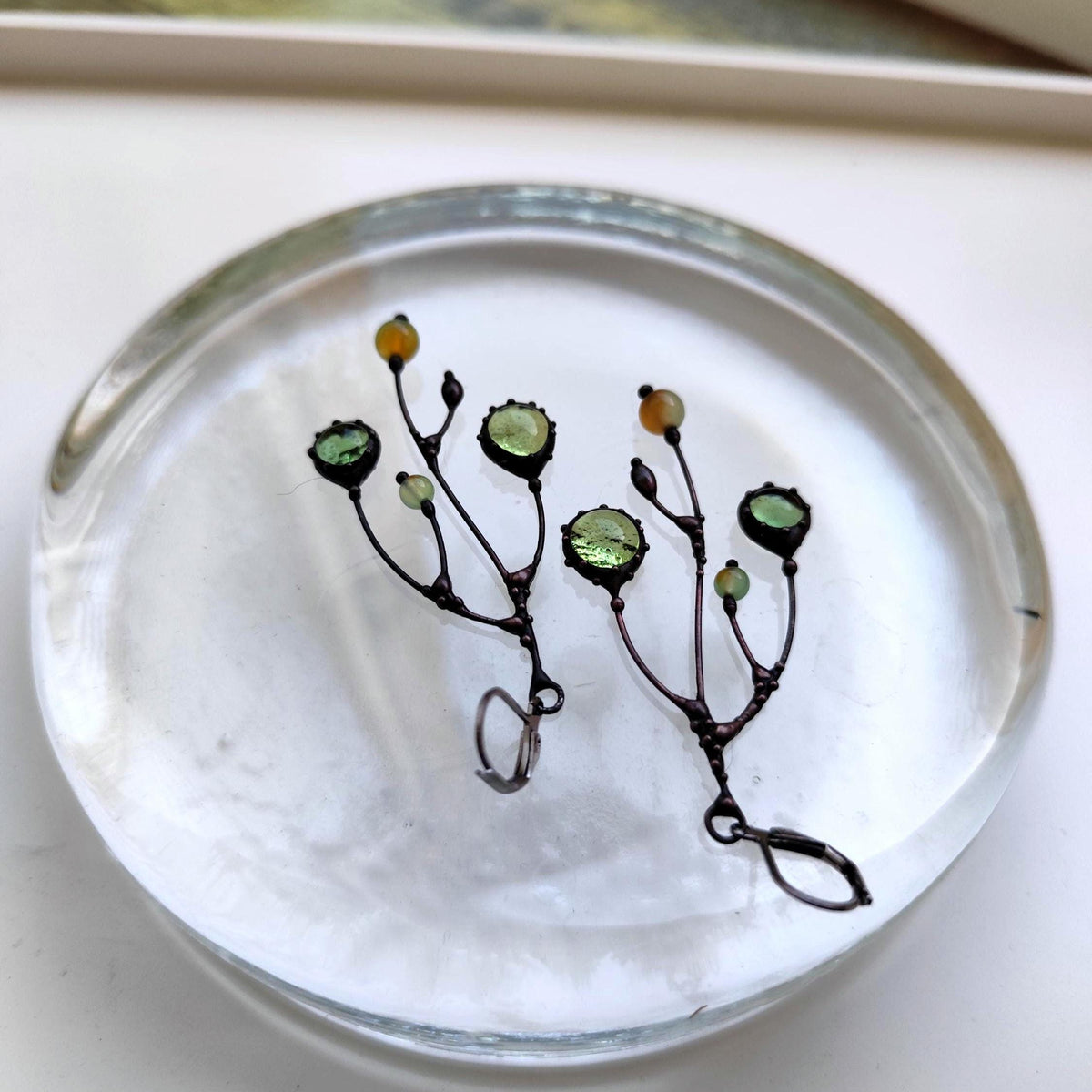 Clear Green Glass Branch Earrings – Blackened Copper