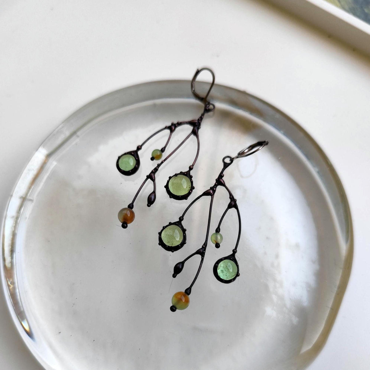 Clear Green Glass Branch Earrings – Blackened Copper