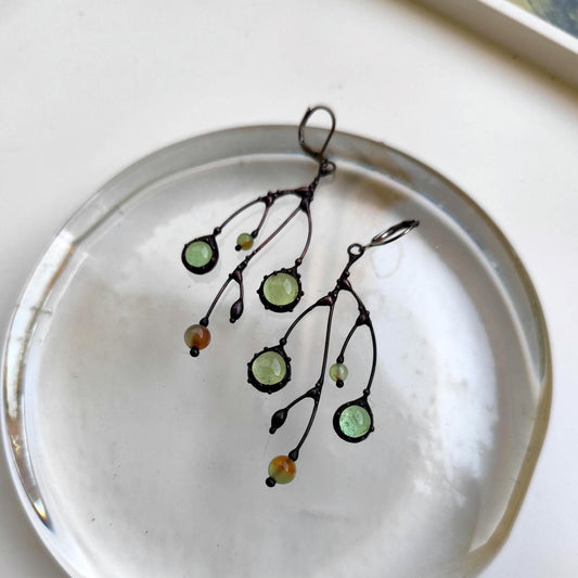 Clear Green Glass Branch Earrings – Blackened Copper