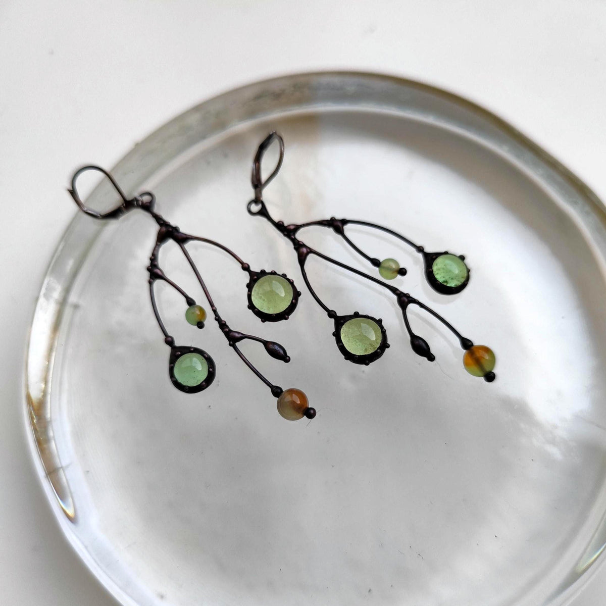 Clear Green Glass Branch Earrings – Blackened Copper