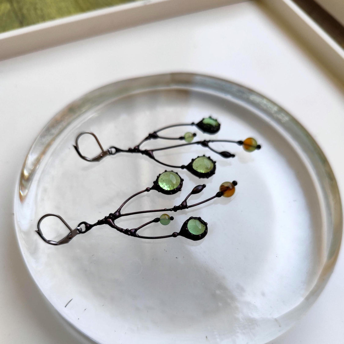 Clear Green Glass Branch Earrings – Blackened Copper