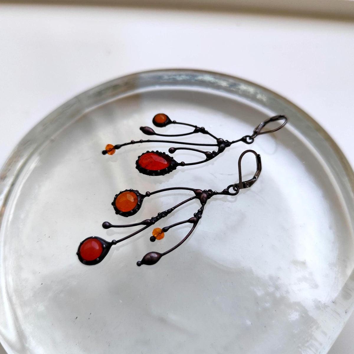 Orange Glass Asymmetrical Branch Earrings – Blackened Copper