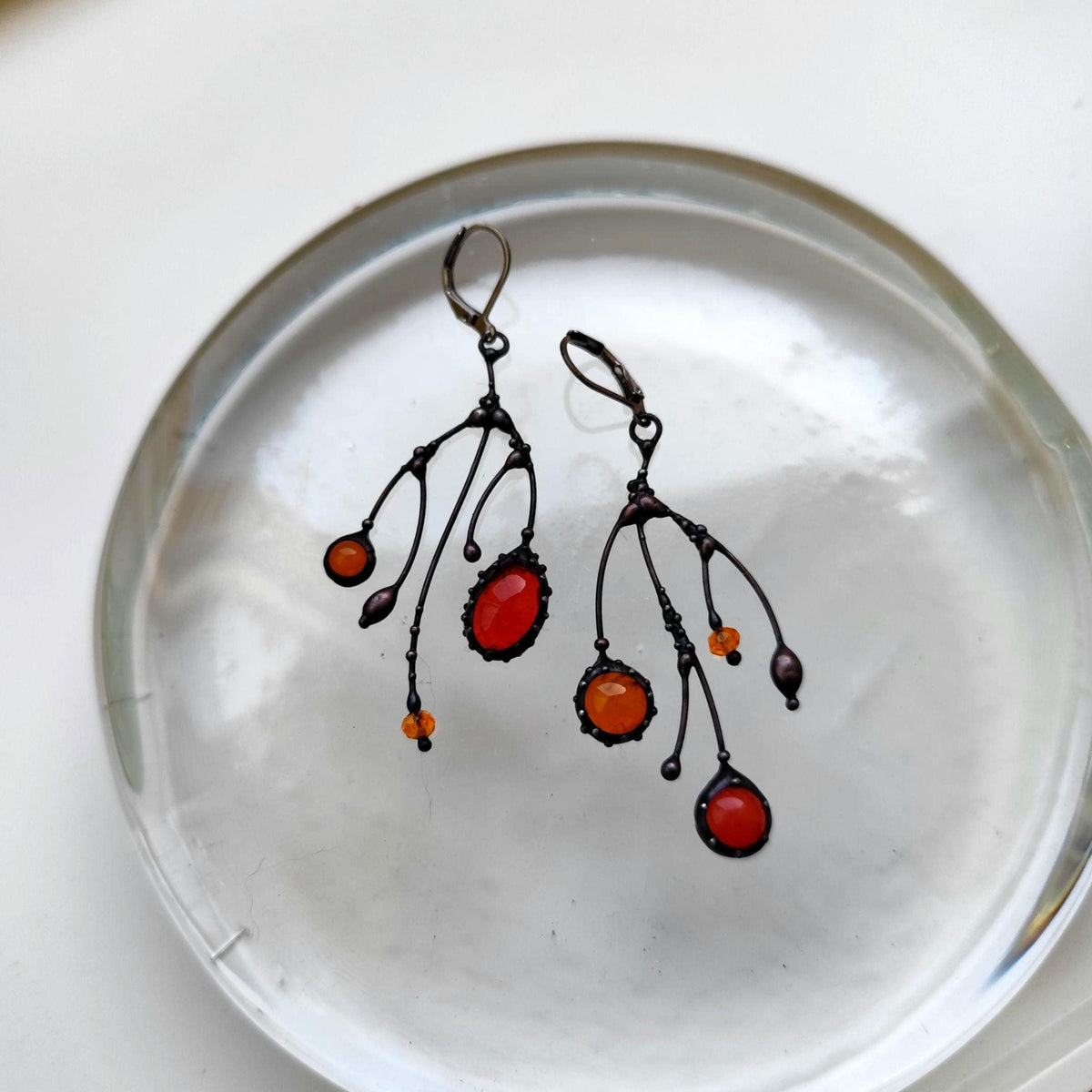 Orange Glass Asymmetrical Branch Earrings – Blackened Copper