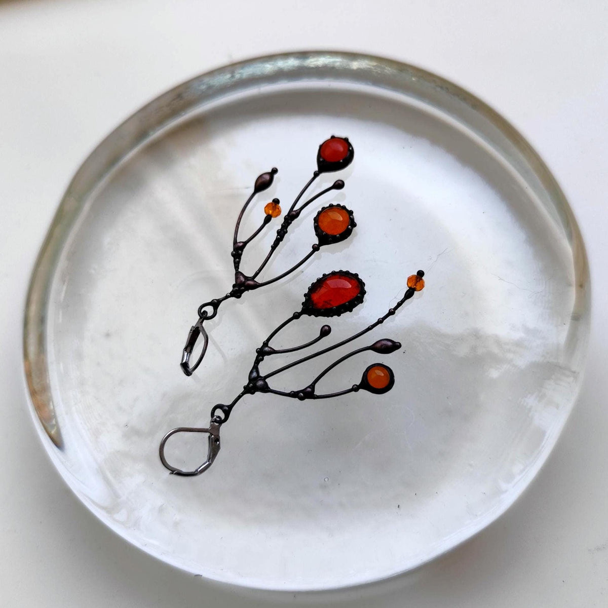 Orange Glass Asymmetrical Branch Earrings – Blackened Copper