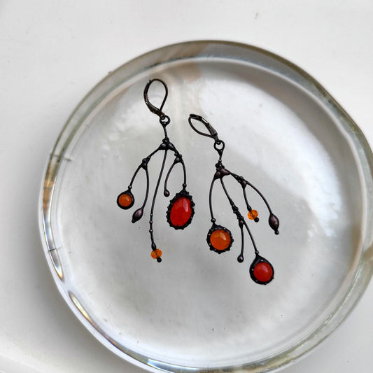 Orange Glass Asymmetrical Branch Earrings – Blackened Copper