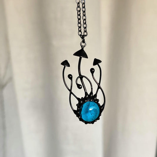 Blue Glass Mushroom Trio Necklace – Blackened Copper