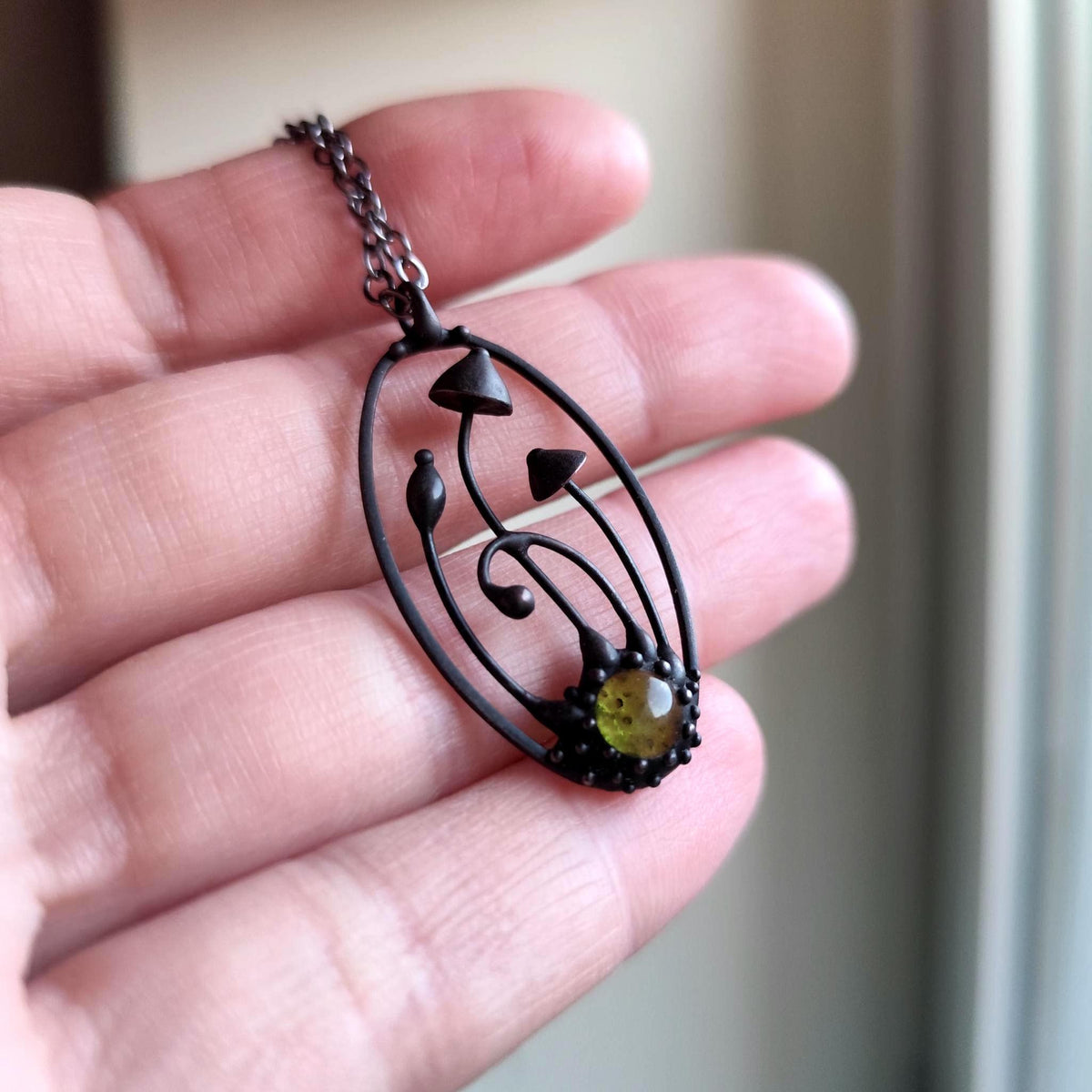 Green Glass Mushroom Necklace – Blackened Copper Oval Forest Pendant – Magic Mushroom