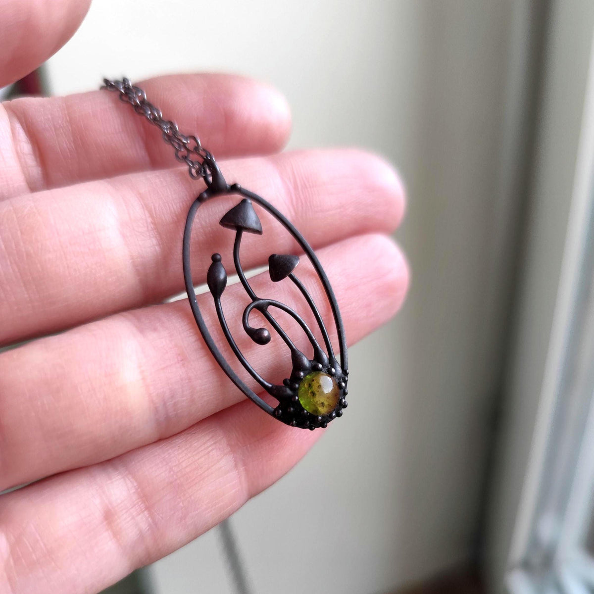 Green Glass Mushroom Necklace – Blackened Copper Oval Forest Pendant – Magic Mushroom
