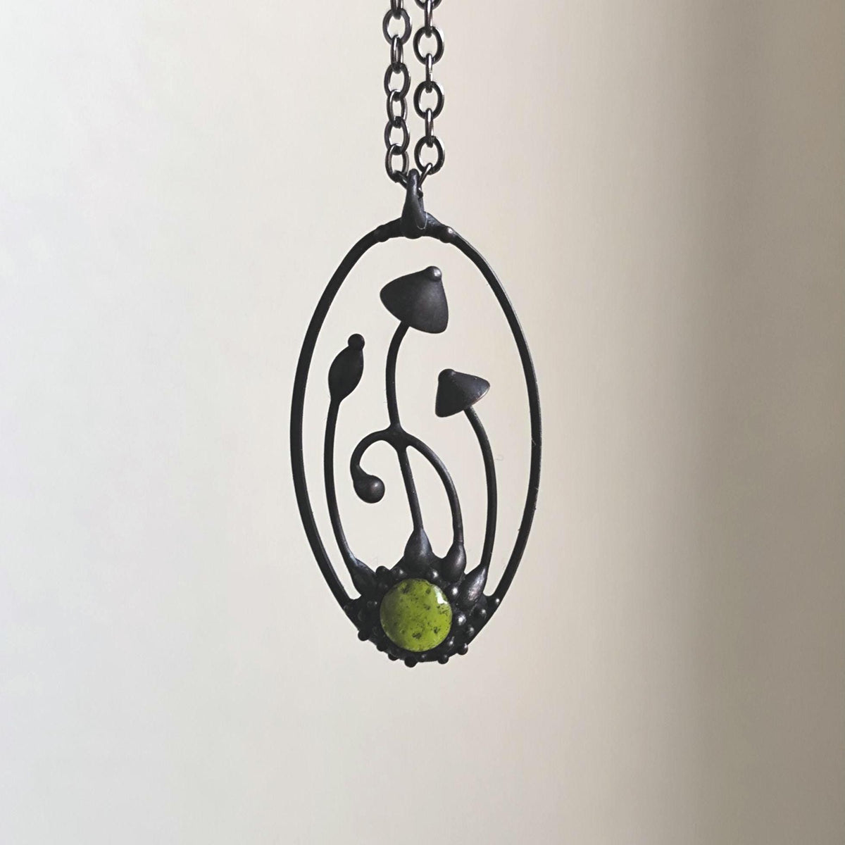 Green Glass Mushroom Necklace – Blackened Copper Oval Forest Pendant – Magic Mushroom