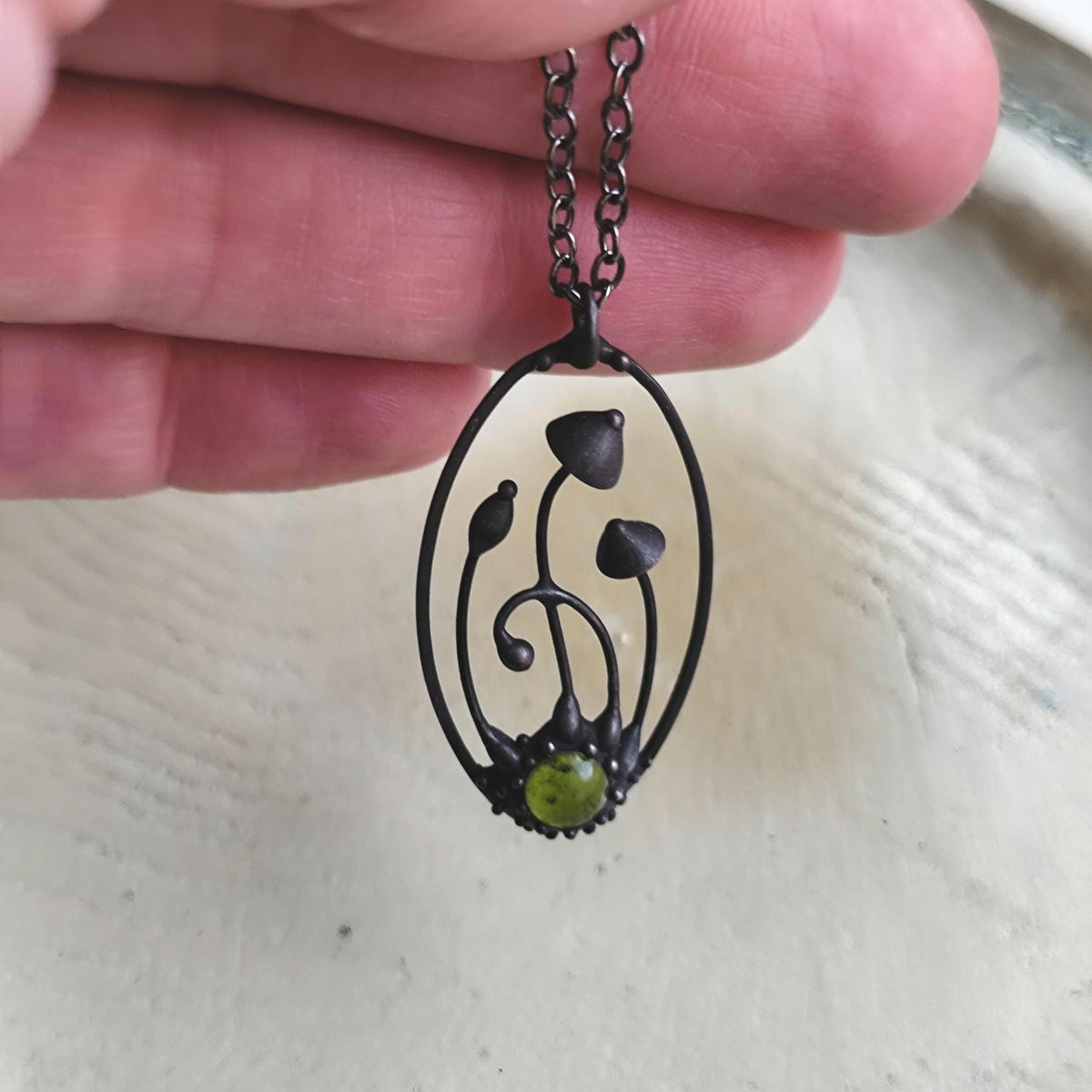 Green Glass Mushroom Necklace – Blackened Copper Oval Forest Pendant – Magic Mushroom