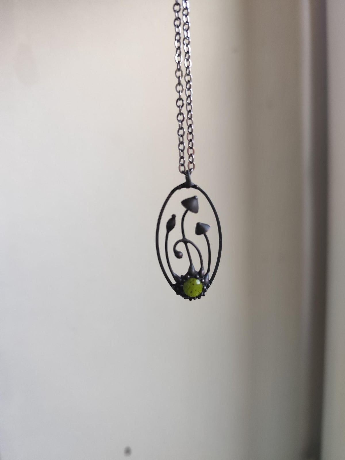 Green Glass Mushroom Necklace – Blackened Copper Oval Forest Pendant – Magic Mushroom