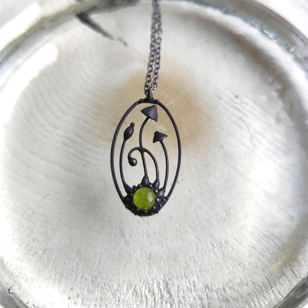 Green Glass Mushroom Necklace – Blackened Copper Oval Forest Pendant – Magic Mushroom