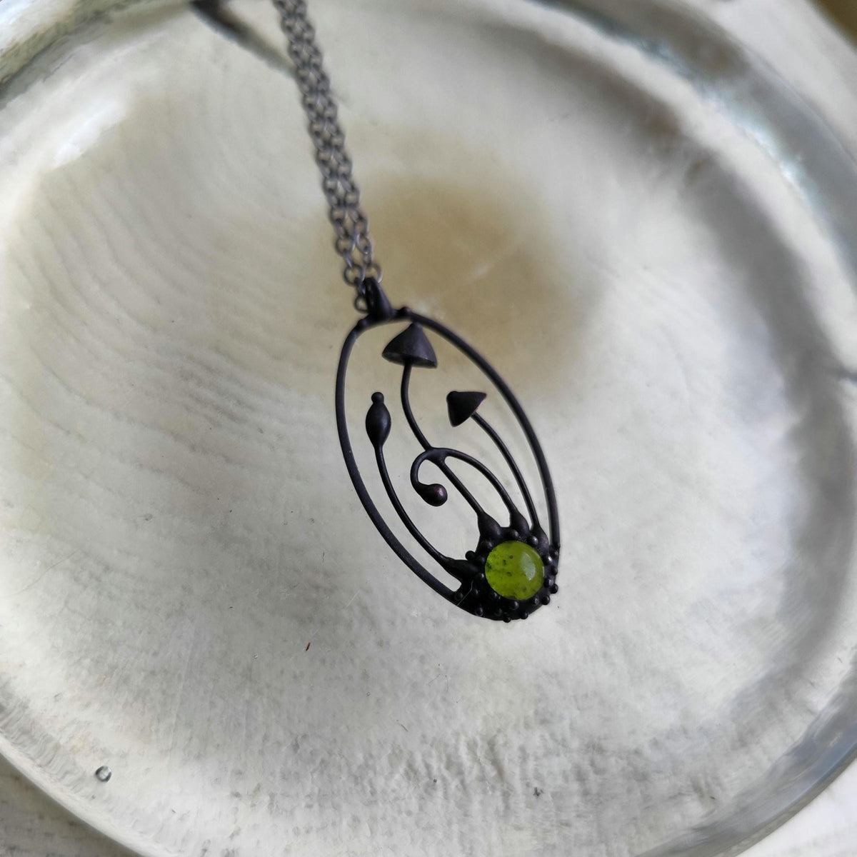 Green Glass Mushroom Necklace – Blackened Copper Oval Forest Pendant – Magic Mushroom