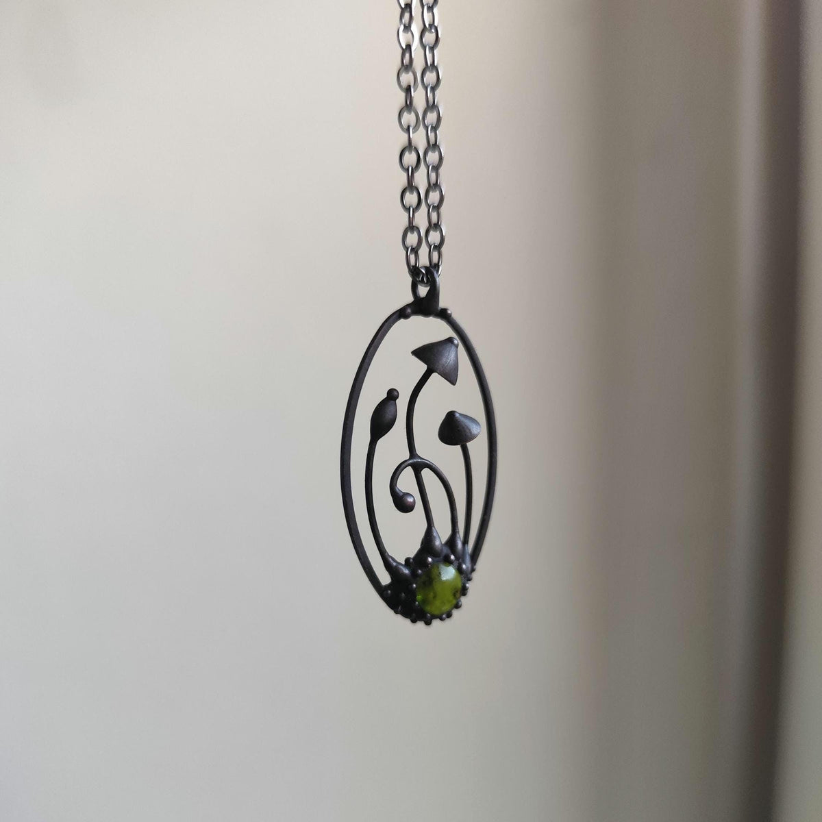 Green Glass Mushroom Necklace – Blackened Copper Oval Forest Pendant – Magic Mushroom