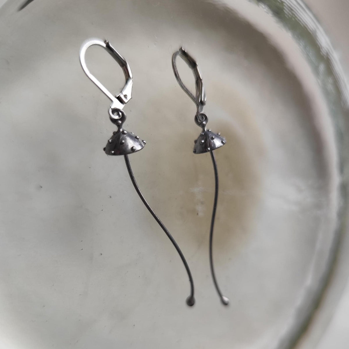 Silver Amanita Mushroom Earrings – Long Copper & Pewter Dangles – Minimalist Forest