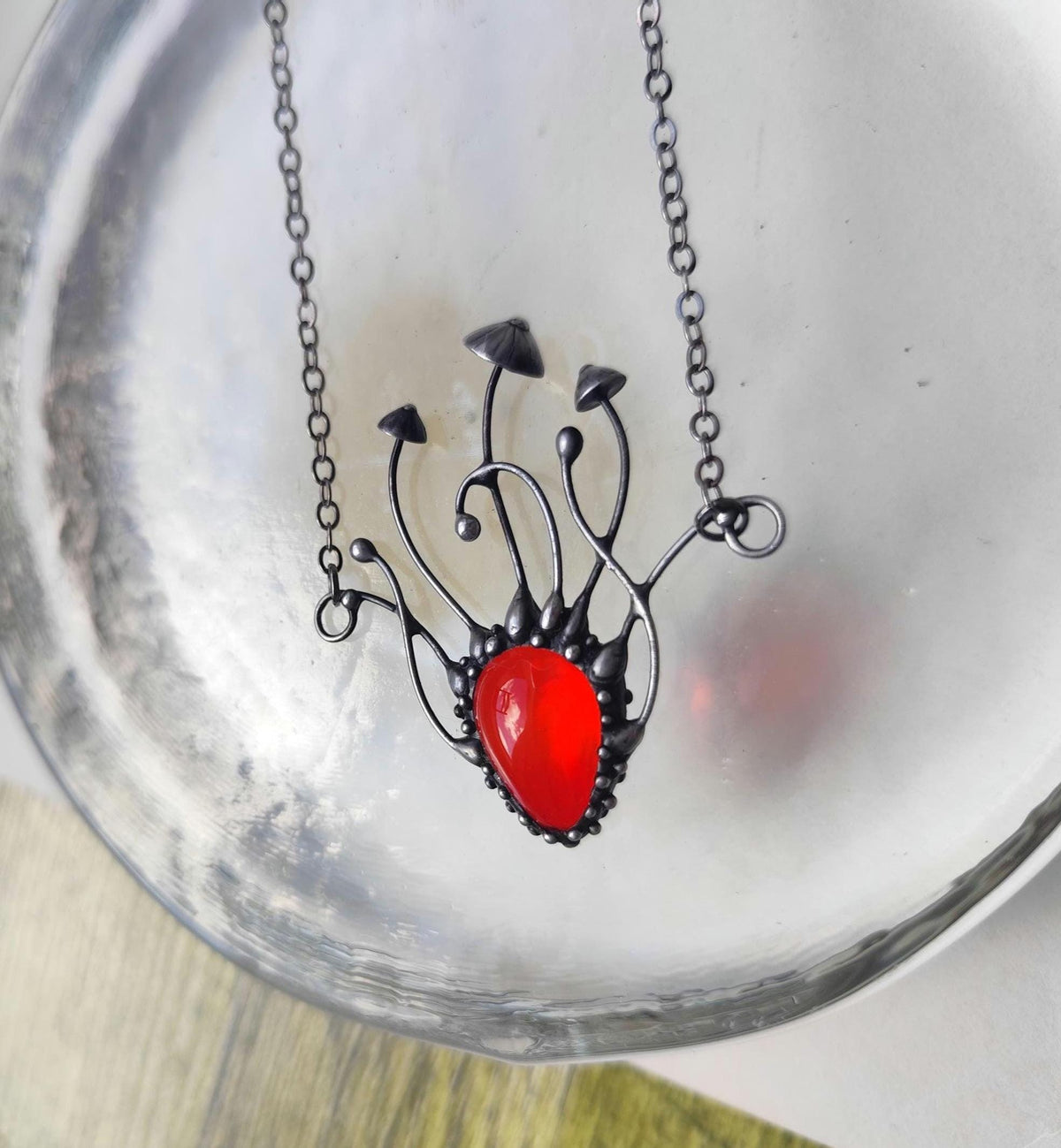 Red Glass Mushroom Necklace – Blackened Copper Forest Pendant – Sculptural Fungi