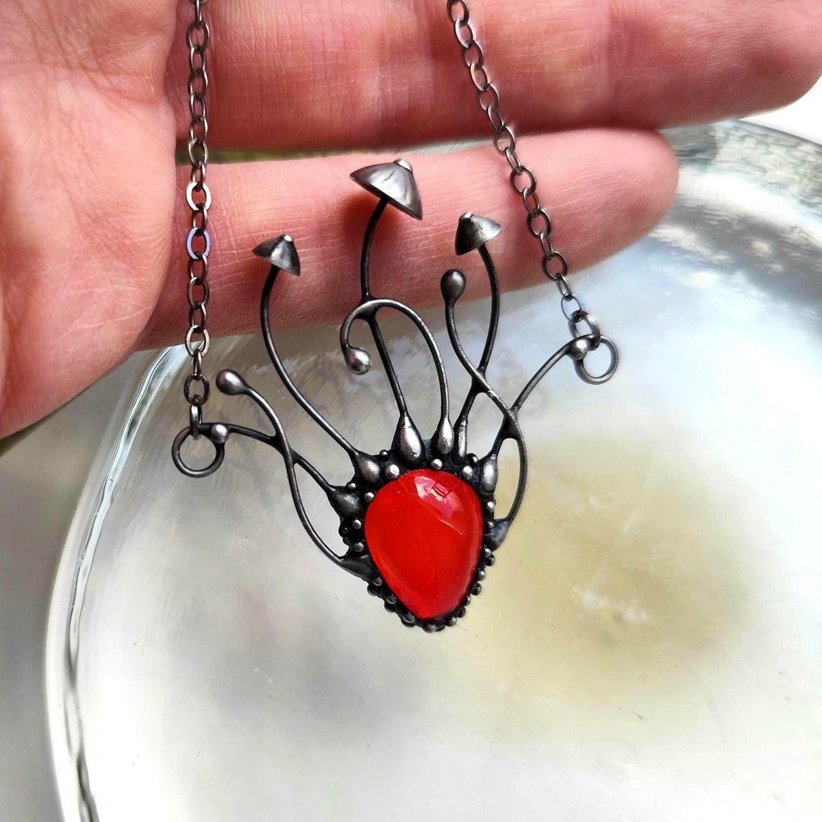 Red Glass Mushroom Necklace – Blackened Copper Forest Pendant – Sculptural Fungi