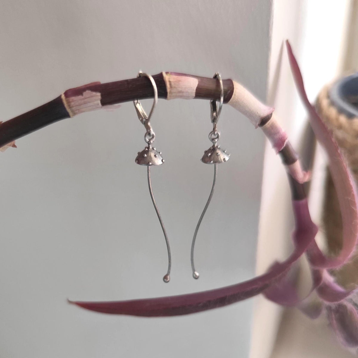 Silver Amanita Mushroom Earrings – Long Copper & Pewter Dangles – Minimalist Forest