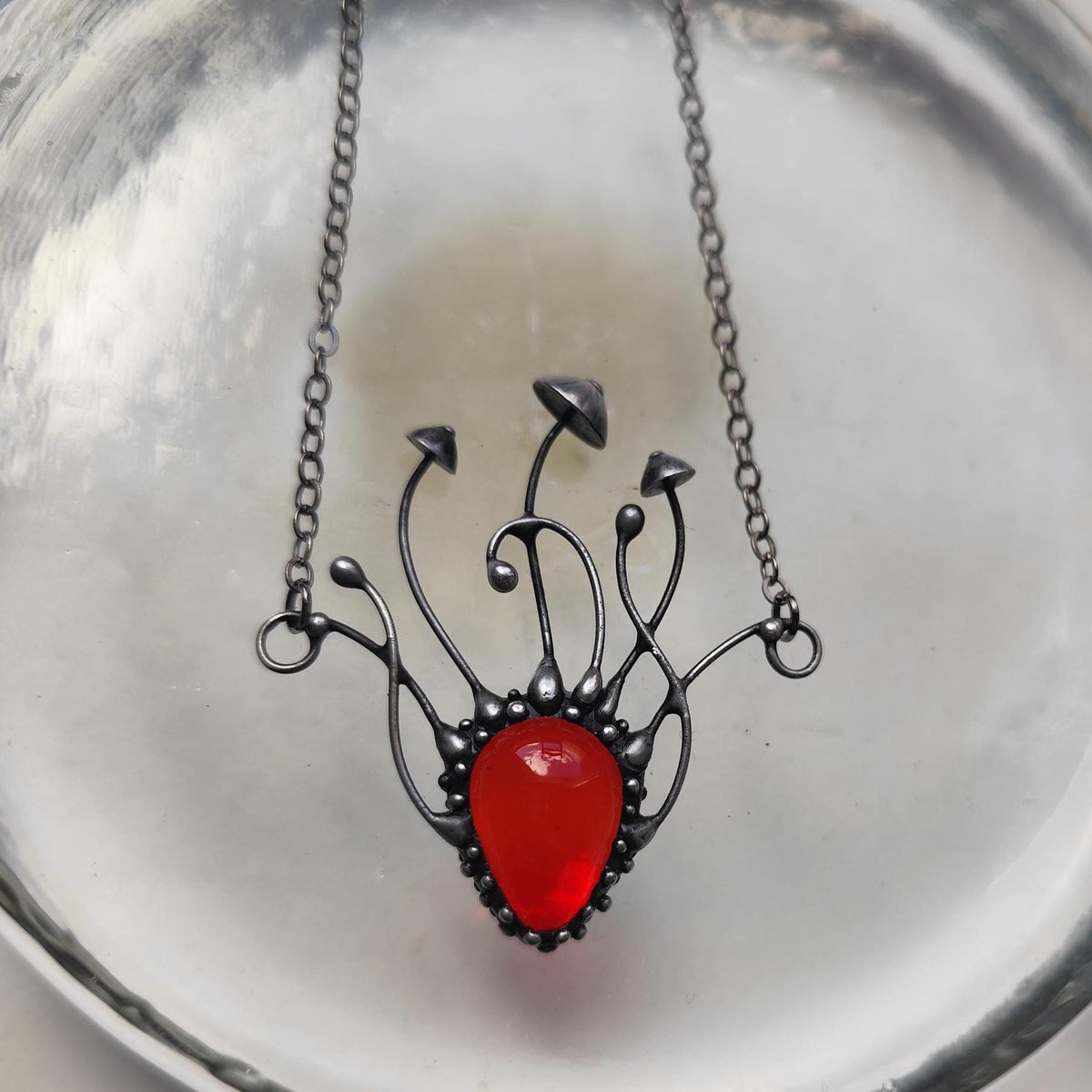 Red Glass Mushroom Necklace – Blackened Copper Forest Pendant – Sculptural Fungi