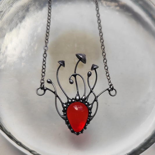 Red Glass Mushroom Necklace – Blackened Copper Forest Pendant – Sculptural Fungi