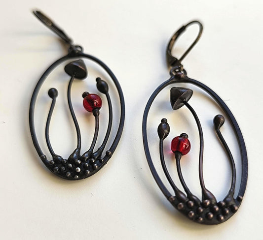 Red Glass Mushroom Earrings – Blackened Copper Oval Forest Dangles – Botanical