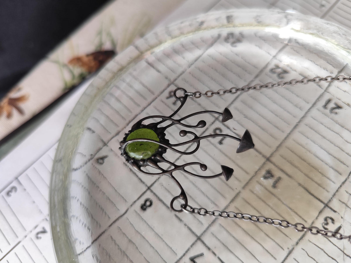Green Glass Mushroom Necklace – Blackened Copper & Pewter Botanical Pendant – Sculptural Forest