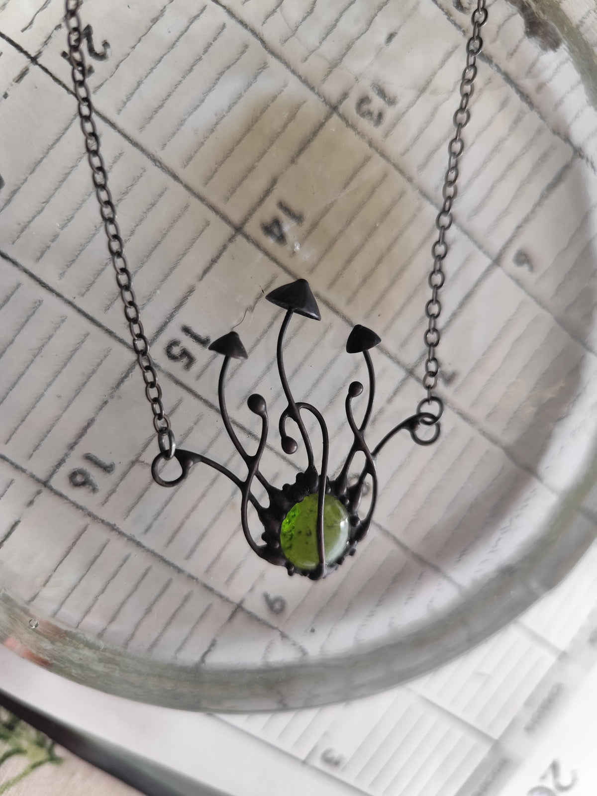 Green Glass Mushroom Necklace – Blackened Copper & Pewter Botanical Pendant – Sculptural Forest