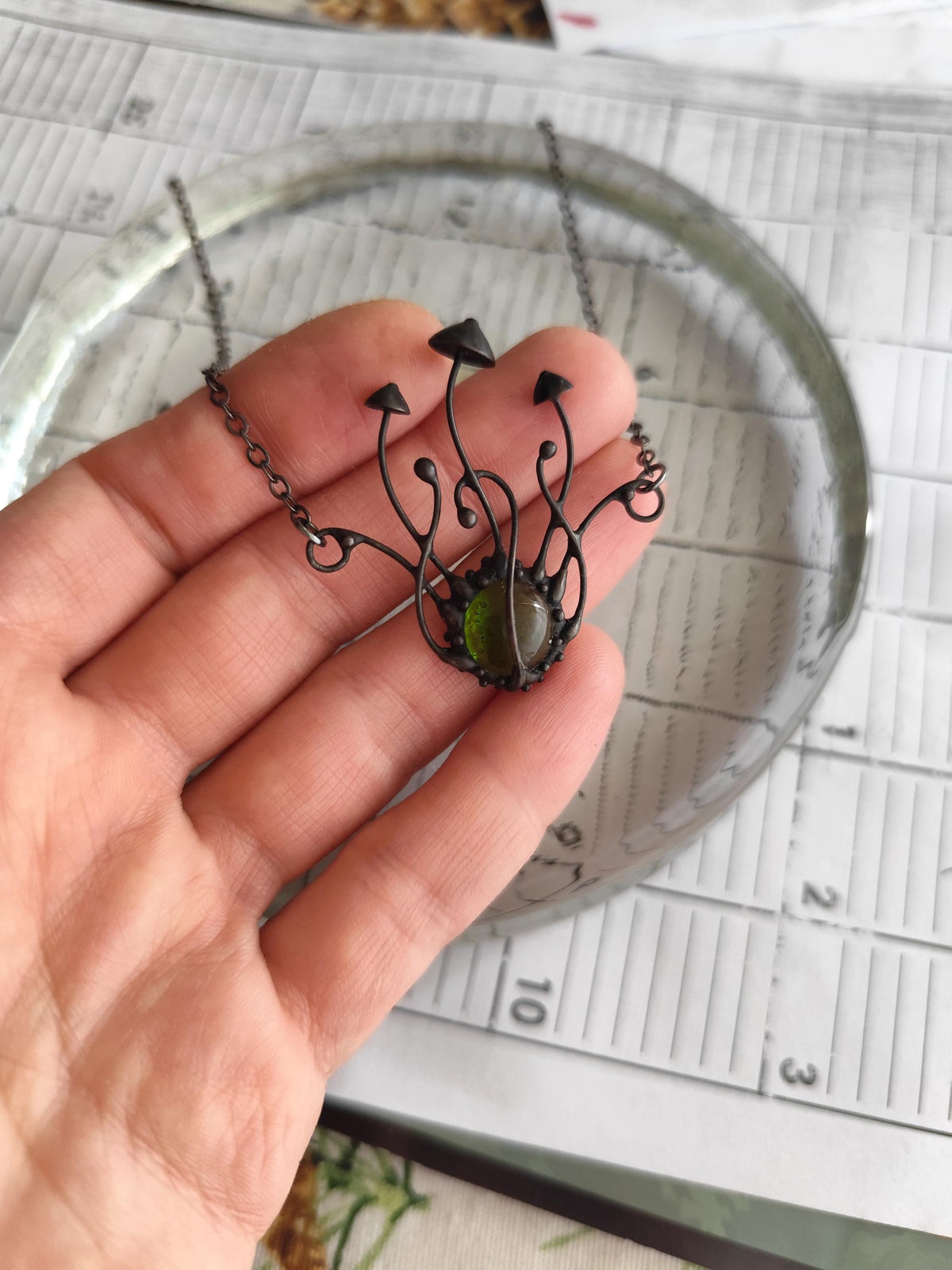 Green Glass Mushroom Necklace – Blackened Copper & Pewter Botanical Pendant – Sculptural Forest