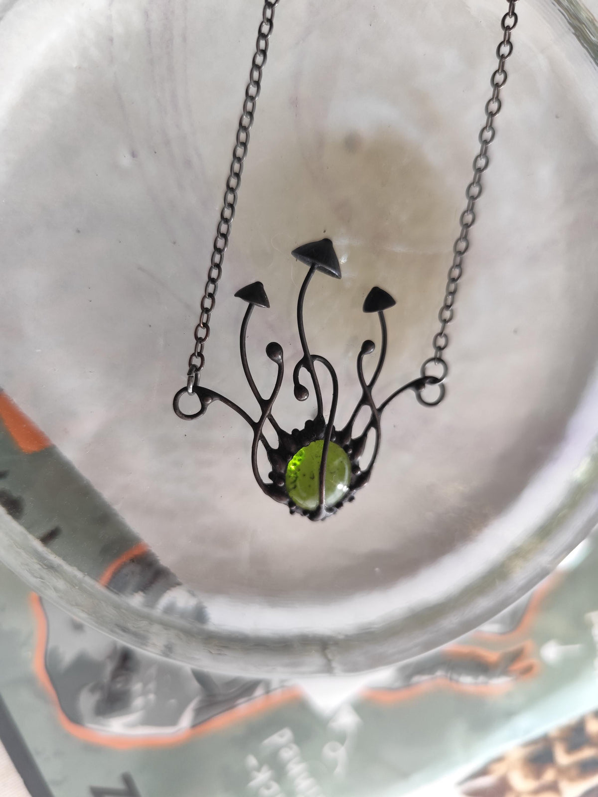 Green Glass Mushroom Necklace – Blackened Copper & Pewter Botanical Pendant – Sculptural Forest
