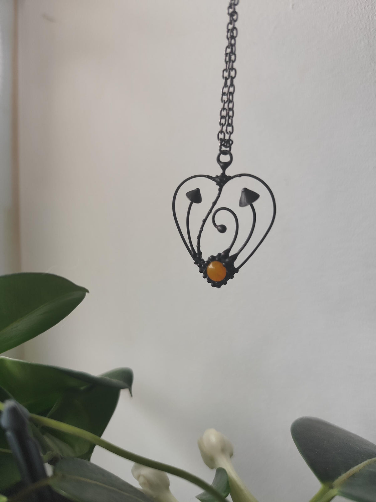 Yellow Glass Mushroom Heart Necklace – Blackened Copper