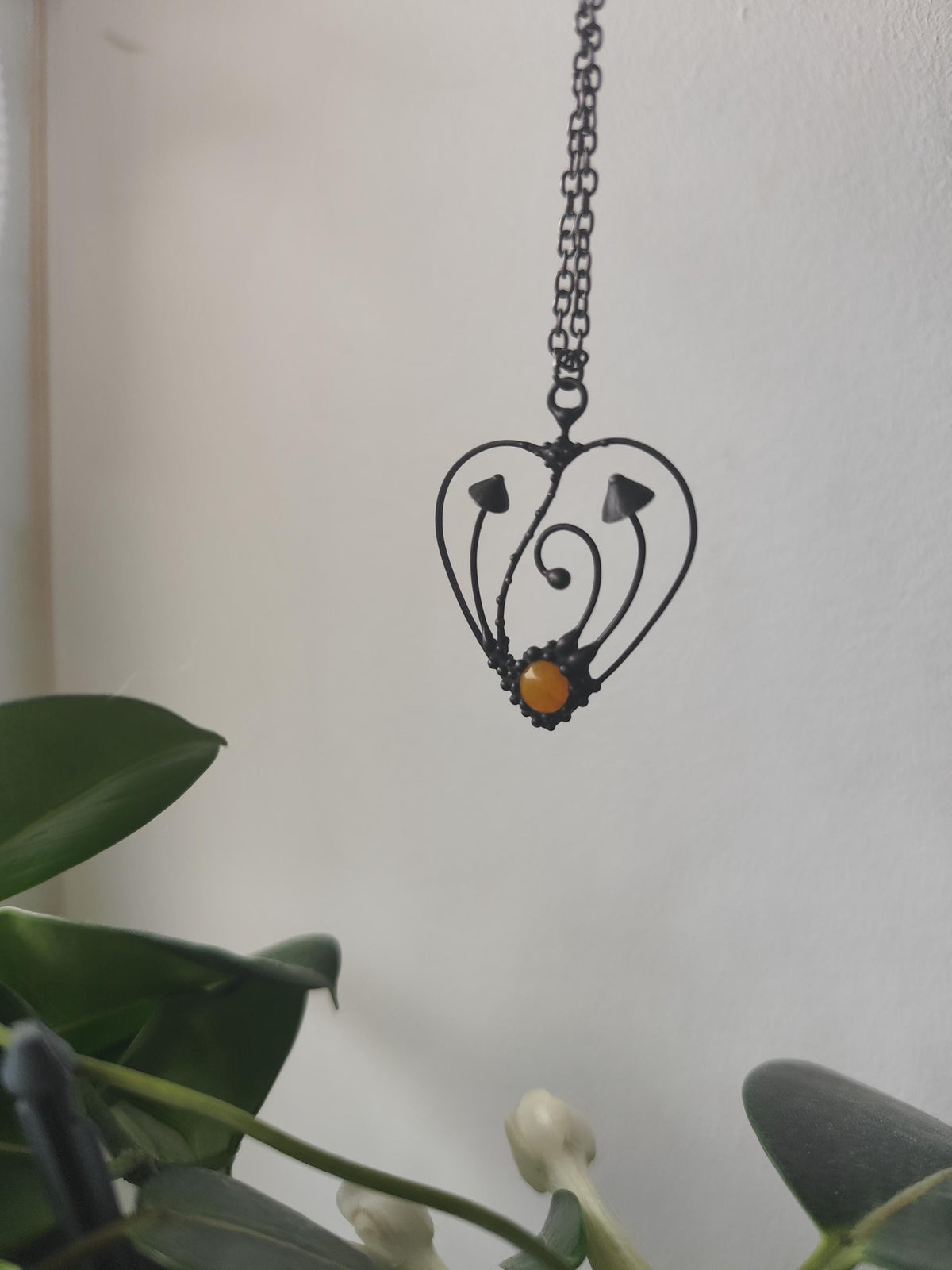 Yellow Glass Mushroom Heart Necklace – Blackened Copper
