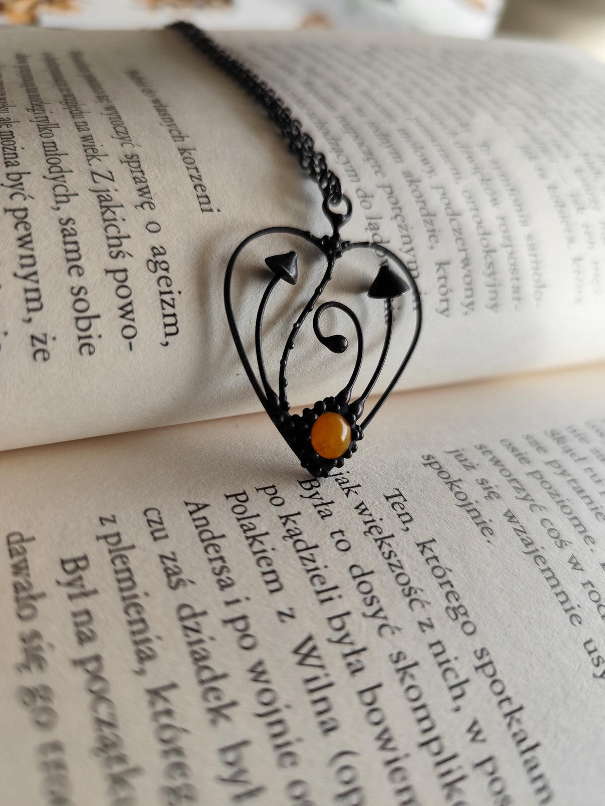 Yellow Glass Mushroom Heart Necklace – Blackened Copper